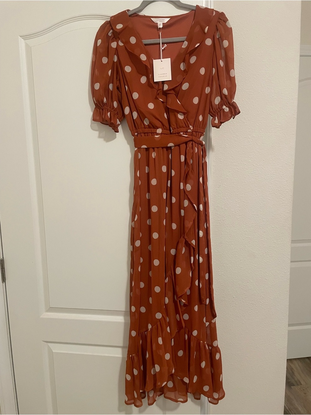 LC Lauren Conrad Polka Dot Wrap Maxi Dress Rust
